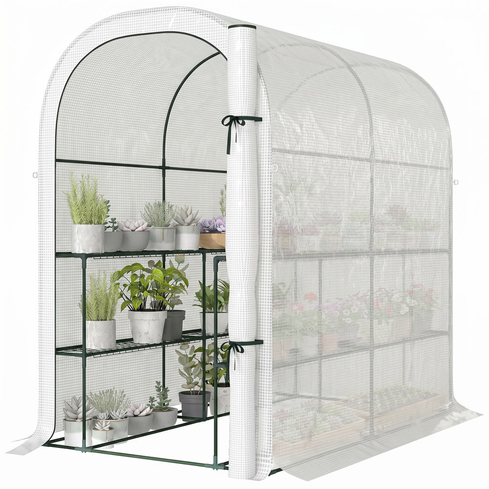 Serre de jardin avec étagères, 123 x 187 x 189 cm, petite serre avec porte enroulable, bâche PE haute densité 140 g/m², prolongée de 10 cm, blanc