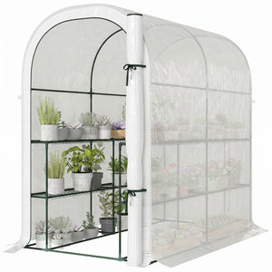 Serre de jardin avec étagères, 123 x 187 x 189 cm, petite serre avec porte enroulable, bâche PE haute densité 140 g/m², prolongée de 10 cm, blanc