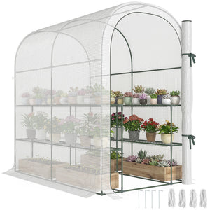 Serre de jardin avec étagères, 123 x 187 x 189 cm, petite serre avec porte enroulable, bâche PE haute densité 140 g/m², prolongée de 10 cm, blanc