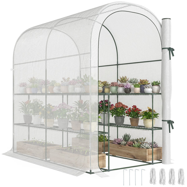 Serre de jardin avec étagères, 123 x 187 x 189 cm, petite serre avec porte enroulable, bâche PE haute densité 140 g/m², prolongée de 10 cm, blanc
