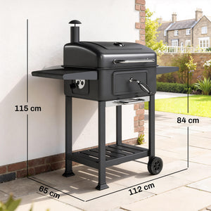 Barbecue charbon de bois avec bac à charbon réglable, chariot grill de jardin fumoir avec grille de maintien au chaud, tablettes latérales, cheminée, aérations, roues et thermomètre, noir