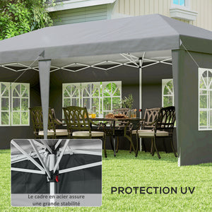 Tonnelle de jardin extérieure pop-up pliante - tente de réception - 3 x 6 m - pavillon chapiteau barnum - 3 cotés démontables - piquets d'ancrage au sol + sac de transport inclus gris