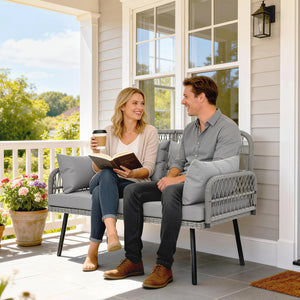 Canapé de jardin avec coussins et oreillers 2 places en résine tressée, canapé d'extérieur avec accoudoirs, cadre en acier galvanisé pour balcon, gris foncé