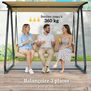 Balancelle de Jardin 3 Places avec Toit Réglable UPF 30+ - Structure Acier Robuste 360kg, Coussin Grand Confort 7cm - Banc Suspendu Extérieur pour Terrasse, Sable