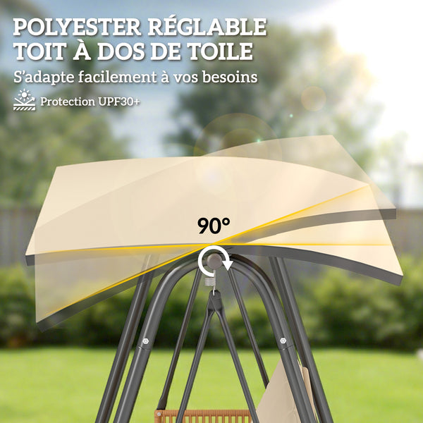 Balancelle de Jardin 3 Places avec Toit Réglable UPF 30+ - Structure Acier Robuste 360kg, Coussin Grand Confort 7cm - Banc Suspendu Extérieur pour Terrasse, Sable