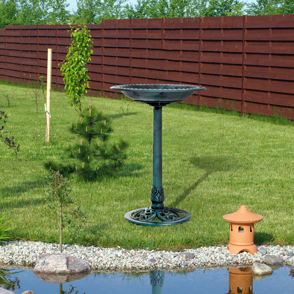 Bain d'oiseaux plateau de diamètre 50cm, abreuvoir oiseaux extérieur sur pied hauteur 69,5 cm, mangeoire oiseaux design coquille et décoration fleur-de-lys, érugineux