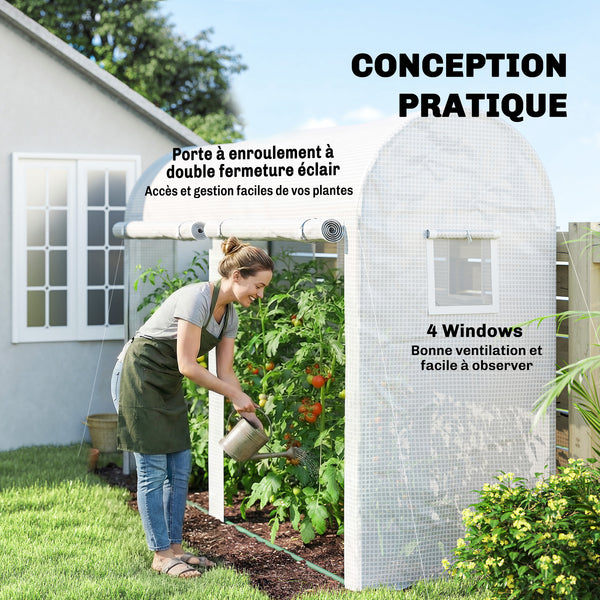 Serre de Jardin, Petite Serre de Balcon en Bâche PE et Châssis Acier, Portes et Fenêtres Roulantes, pour Légumes et Fleurs, Intérieur et Extérieur, 300 x 100 x 200 cm, blanc