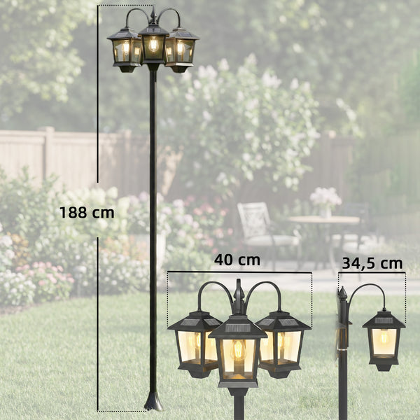 Lampadaire extérieur sur pied à 3 têtes, lampadaire solaire extérieur, éclairage LED, capteur automatique crépuscule à l'aube, IP44, hauteur 188 cm, pour jardin, cour ou allée, noir