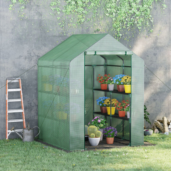 Serre de Jardin avec Étagères 3 Niveaux, Petite Serre de Balcon en Bâche PE 140 g/㎡ Renforcée et Châssis Acier, pour Légumes et Fleurs, Intérieur et Extérieur, 143 x 138 x 190 cm, Vert