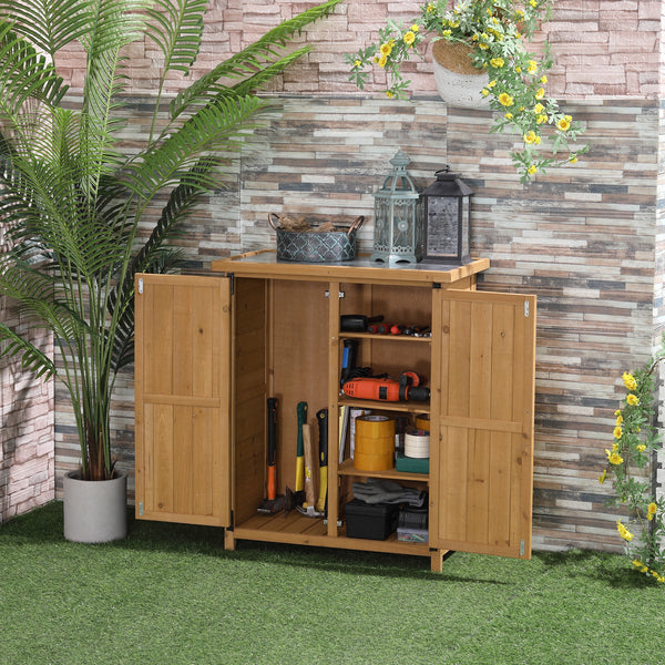 Abri de jardin Armoire de jardin pour outils 75L x 40l x 90H cm 3 étagères 2 portes Toit en asphalte imperméable Bois de sapin jaune