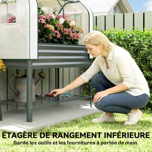 Potager sur Pieds surélevé avec bâche en PE, Jardinière Surélevée en Métal avec Serre, Volume 167L avec Doublure et Étagère Inférieure, pour Plantes Fleurs Légumes, 120x55x140cm, Gris Foncé