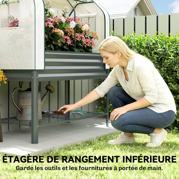 Potager sur Pieds surélevé avec bâche en PE, Jardinière Surélevée en Métal avec Serre, Volume 167L avec Doublure et Étagère Inférieure, pour Plantes Fleurs Légumes, 120x55x140cm, Gris Foncé