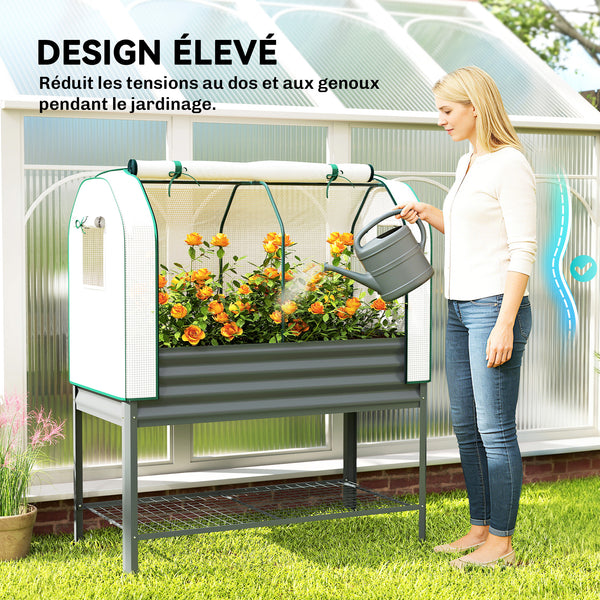 Potager sur Pieds surélevé avec bâche en PE, Jardinière Surélevée en Métal avec Serre, Volume 167L avec Doublure et Étagère Inférieure, pour Plantes Fleurs Légumes, 120x55x140cm, Gris Foncé
