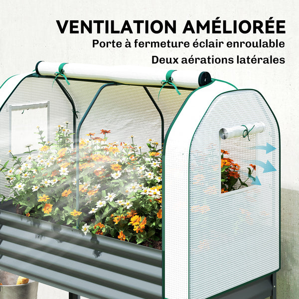Potager sur Pieds surélevé avec bâche en PE, Jardinière Surélevée en Métal avec Serre, Volume 167L avec Doublure et Étagère Inférieure, pour Plantes Fleurs Légumes, 120x55x140cm, Gris Foncé