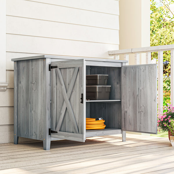 Armoire de Jardin en Bois, Placard de Jardin en Bois avec Étagères et Double Portes, Armoire à Outils, 110 x 60 x 88,5 cm, Gris Clair