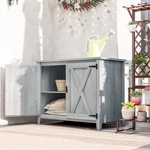 Armoire de Jardin en Bois, Placard de Jardin en Bois avec Étagères et Double Portes, Armoire à Outils, 110 x 60 x 88,5 cm, Gris Clair