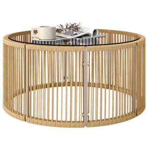 Table Basse de Jardin Ronde en Résine Tressée, Table d'Appoint avec Plateau en Verre Trempé et Cadre en Acier Galvanisé pour Patio, Jardin, Salon, 70x70x33cm, Marron