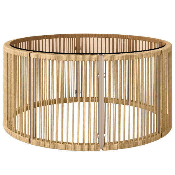 Table Basse de Jardin Ronde en Résine Tressée, Table d'Appoint avec Plateau en Verre Trempé et Cadre en Acier Galvanisé pour Patio, Jardin, Salon, 70x70x33cm, Marron