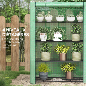 Serre de jardin PE avec étagères 4 niveaux, serre de balcon, bâche renforcée 135 g/m², châssis en acier, porte zippée enroulable, pour légumes plantes fleurs, 120 x 50 x 170 cm, vert