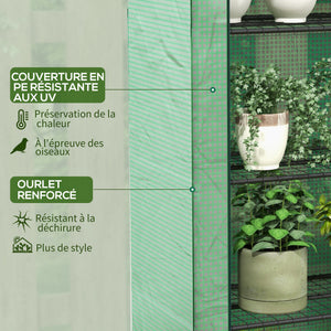 Serre de jardin PE avec étagères 4 niveaux, serre de balcon, bâche renforcée 135 g/m², châssis en acier, porte zippée enroulable, pour légumes plantes fleurs, 120 x 50 x 170 cm, vert
