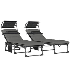 - 2 pliable sun loungers with sunshade, cushion, 5 adjustable positions, side pocket, portable for camping, beach, terrace, dark grey
