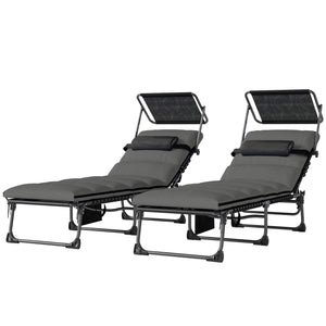 - 2 pliable sun loungers with sunshade, cushion, 5 adjustable positions, side pocket, portable for camping, beach, terrace, dark grey