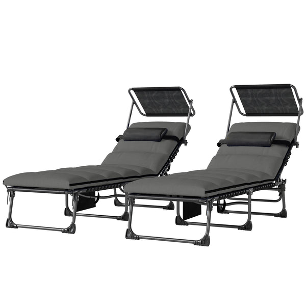 - 2 pliable sun loungers with sunshade, cushion, 5 adjustable positions, side pocket, portable for camping, beach, terrace, dark grey