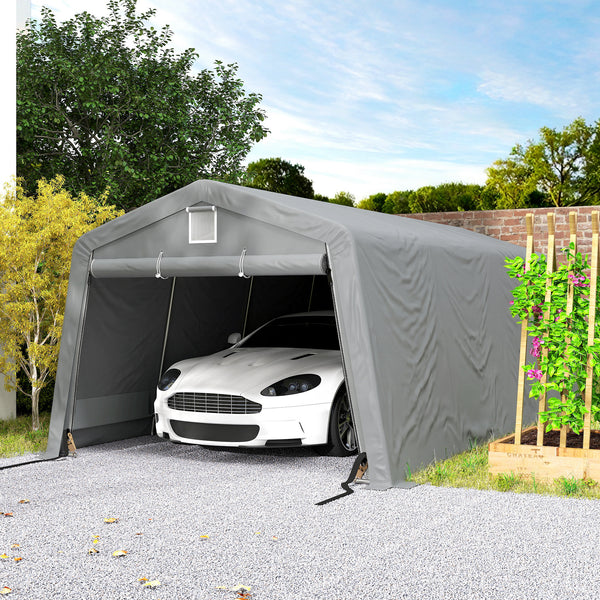 Tente garage carport dim. 6,2L x 3,3l x 2,4H m acier galvanisé robuste PE haute densité 150 g/m² imperméable anti-UV, 1 porte gris clair et 2 aérations
