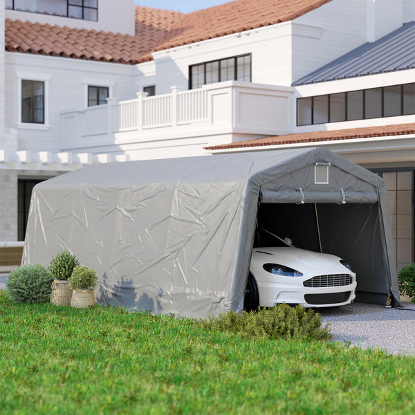 Tente garage carport dim. 6,2L x 3,3l x 2,4H m acier galvanisé robuste PE haute densité 150 g/m² imperméable anti-UV, 1 porte gris clair et 2 aérations