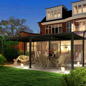 Pergola bioclimatique 3 x 6 m, pergola jardin extérieur avec persiennes manivelle toit réglable en aluminium et crochets, tonnelle de jardin, terrasse, patio, gris foncé