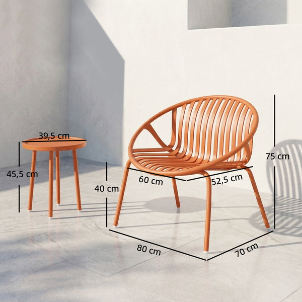 Salon de Jardin 3 Pièces en Acier et Polypropylène - Ensemble Bistro avec Table Basse à Plateau Concave - Mobilier Extérieur Design pour Terrasse, Balcon et Piscine, Rouge Brique