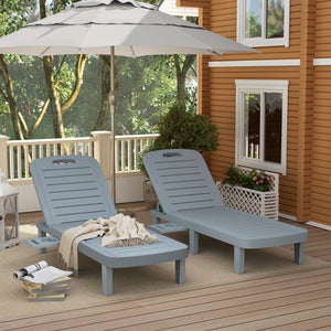 Lot de 2 bain de soleil, chaise longue avec plateaux rétractables, transat jardin extérieur inclinable, surface effet bois pour plage relax camping piscine terrasse, 62 x 158 x 88 cm, gris