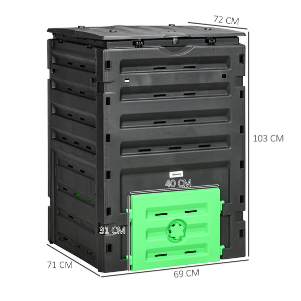 Composteur de jardin 450 L, bac composteur pour jardin en polypropylène, 80 aérations et 2 portes coulissantes, léger et robuste, noir