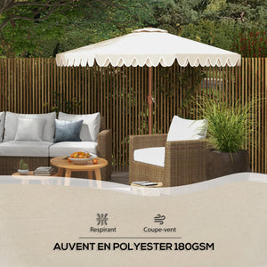 Parasol de jardin Parasol droit inclinable rond Ø 264 cm avec volants tissu polyester haute densité anti-UV mât démontable 8 baleines - crème