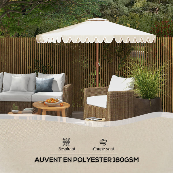 Parasol de jardin Parasol droit inclinable rond Ø 264 cm avec volants tissu polyester haute densité anti-UV mât démontable 8 baleines - crème