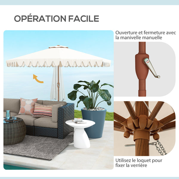 Parasol de jardin Parasol droit inclinable rond Ø 264 cm avec volants tissu polyester haute densité anti-UV mât démontable 8 baleines - crème