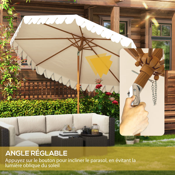 Parasol de jardin Parasol droit inclinable rond Ø 264 cm avec volants tissu polyester haute densité anti-UV mât démontable 8 baleines - crème