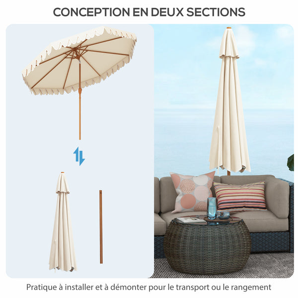 Parasol de jardin Parasol droit inclinable rond Ø 264 cm avec volants tissu polyester haute densité anti-UV mât démontable 8 baleines - crème