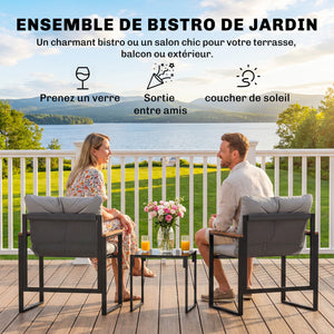 Salon de jardin 3 pièces 2 places avec 2 fauteuils 1 table basse, ensemble de jardin avec plateau en verre trempé et coussins épais, métal et textilène, pour patio, balcon, terrasse, gris