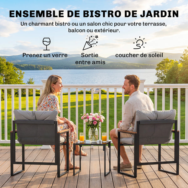 Salon de jardin 3 pièces 2 places avec 2 fauteuils 1 table basse, ensemble de jardin avec plateau en verre trempé et coussins épais, métal et textilène, pour patio, balcon, terrasse, gris