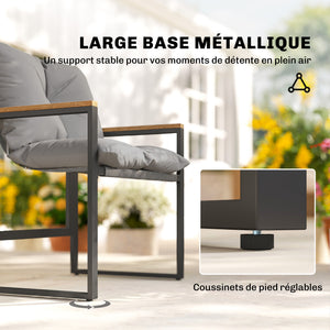 Salon de jardin 3 pièces 2 places avec 2 fauteuils 1 table basse, ensemble de jardin avec plateau en verre trempé et coussins épais, métal et textilène, pour patio, balcon, terrasse, gris