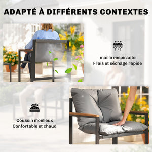 Salon de jardin 3 pièces 2 places avec 2 fauteuils 1 table basse, ensemble de jardin avec plateau en verre trempé et coussins épais, métal et textilène, pour patio, balcon, terrasse, gris