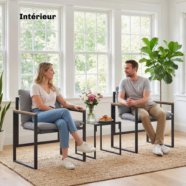 Salon de jardin 3 pièces 2 places avec 2 fauteuils 1 table basse, ensemble de jardin avec plateau en verre trempé et coussins épais, métal et textilène, pour patio, balcon, terrasse, gris