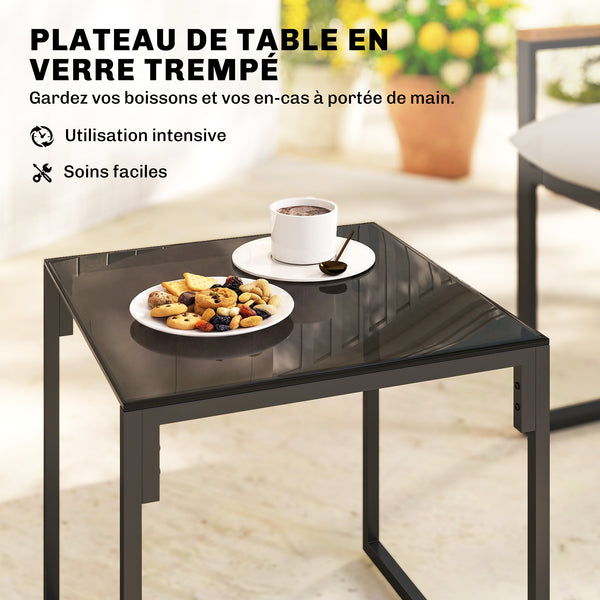 Salon de jardin 3 pièces 2 places avec 2 fauteuils 1 table basse, ensemble de jardin avec plateau en verre trempé et coussins épais, métal et textilène, pour patio, balcon, terrasse, gris