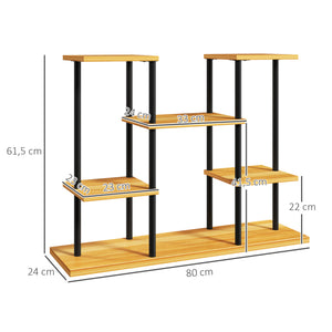 Support plantes intérieur, étagère plante à 6 niveaux, cadre en acier base en bois massif, porte plante pour salon, balcon, jardin, bois naturel