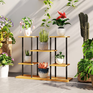 Support plantes intérieur, étagère plante à 6 niveaux, cadre en acier base en bois massif, porte plante pour salon, balcon, jardin, bois naturel