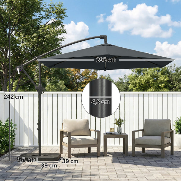 Parasol déporté 3 m avec pied en croix et dalles lestage, parasol de jardin extérieur avec manivelle et loquet de verrouillage, toile polyester 180 g/m², protection UV 30+, gris foncé