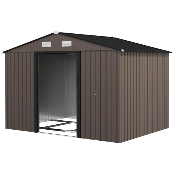 Abri de jardin en acier galvanisé XXL 5,4 m² avec kit de fondation 277 x 195 x 192 cm, cabane de jardin cabanon rangement outils avec portes coulissantes verrouillables et 4 aérations, marron