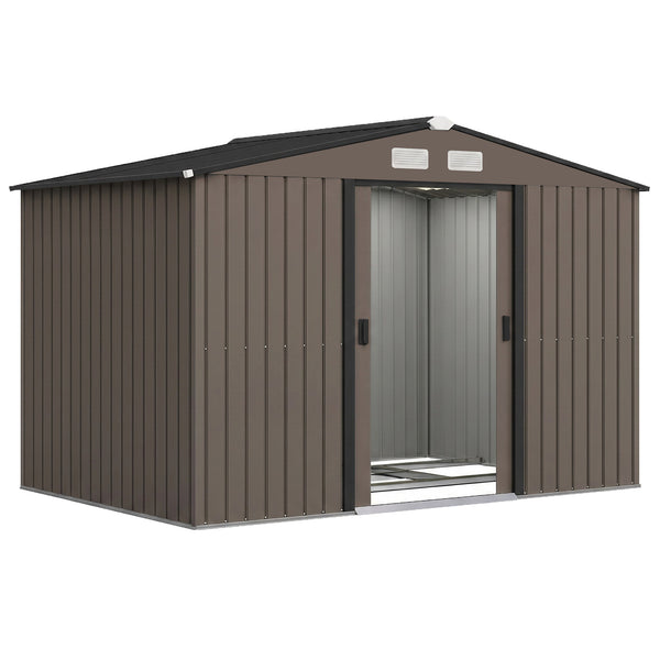 Abri de jardin en acier galvanisé XXL 5,4 m² avec kit de fondation 277 x 195 x 192 cm, cabane de jardin cabanon rangement outils avec portes coulissantes verrouillables et 4 aérations, marron