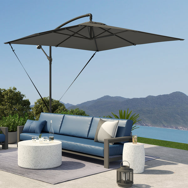 Parasol déporté 2,5 x 2,5 m, parasol de jardin extérieur, Toile ajustable, 8 baleines, base en croix et manivelle, Housse de Protection, gris foncé